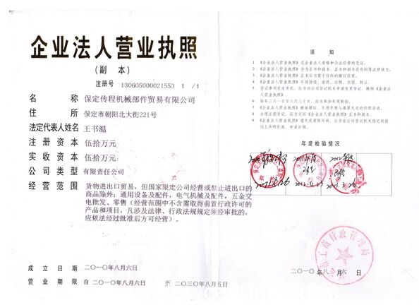 China BAODING CHUAN CHENG MACHINERY PARTS TRADING CO., LTD. certificaciones